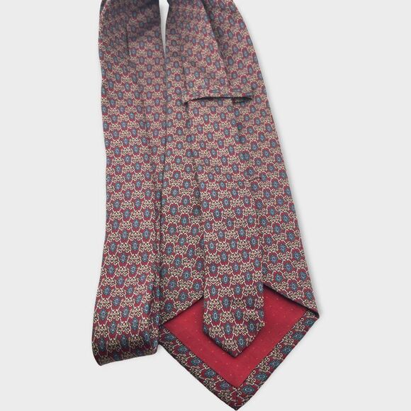Neiman Marcus Silk Tie Burgundy and Aqua Medallion Pattern Handmade in Italy - Picture 4 of 11